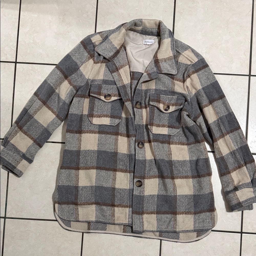 Westbound Gray and Cream Plaid Teddy Jacket